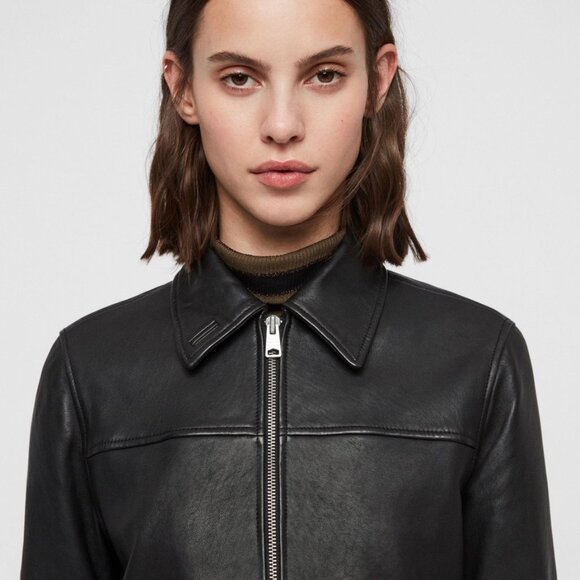 All Saints Cropped Pascao Leather Bomber Jacket Black Small us 8 - Picture 5 of 9
